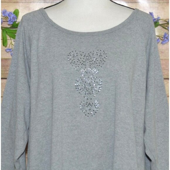 Quacker Factory Women's Gray Thin Knit Top 2X Studded Hearts Warm Casual Cotton - Picture 2 of 8